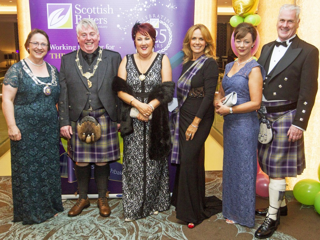 From left: Sara Autton, BSB; Scottish Baking President Craig McPhie with his wife Lesley; MC for evening TV presenter Carol Smillie: Scottish Bakers Chief Executive Alan Clarke with his fiancée Sue Gibson.